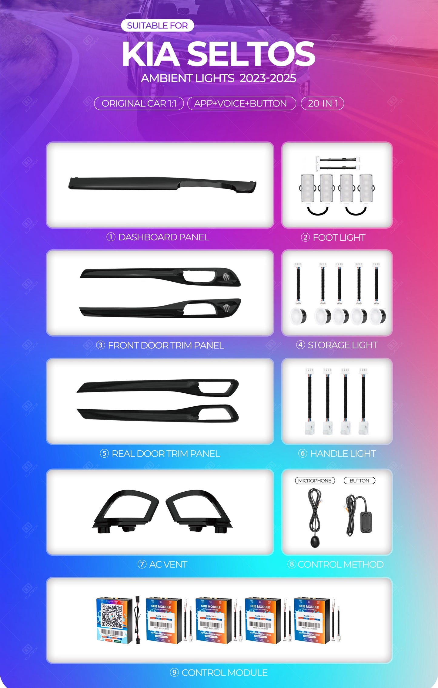 Cardi 20-in-1 Ambient Light Kit for Kia Seltos – Full Interior LED Upgrade